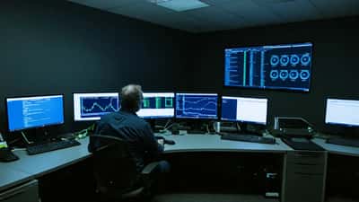 Expert en cybersécurité suisse devant des écrans de surveillance réseau dans un bureau informatique à Zurich