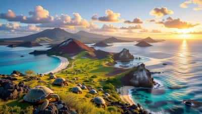 Galápagos-Inseln: Luftaufnahme mit vulkanischer Küste, Riesenschildkröten und Blaufußtölpeln