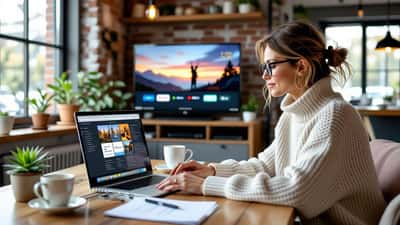 Dansk kvinde gennemgår streaming-abonnementer på laptop i stuen, notepad med prisberegninger ved siden