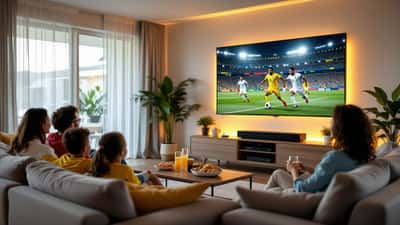 Sala de estar montada como home theater com TV na parede exibindo jogo de futebol, soundbar e sofá