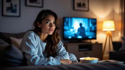Mujer latina viendo thriller de crimen en pantalla de TV en habitación oscura, expresión de ansiedad y tensión a las 2 AM