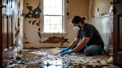 Hombre con mascarilla N95 inspecciona moho en una pared dañada por inundación en una casa de EE. UU.