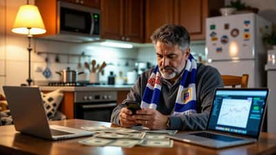 Hombre argentino en EE. UU. usa una app de transferencia de dinero junto a una bufanda de la Selección durante el Mundial 2026