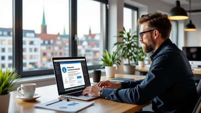 Marketingmanager überprüft KI-Kennzeichnungspflicht auf Laptop im Hamburger Büro