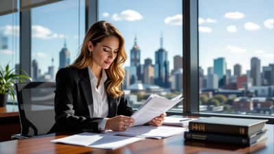 Female lawyer reviewing criminal case documents in a Melbourne law office