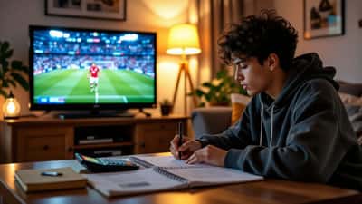 A teenager writes probability fractions in a notebook while a Liga MX soccer match plays on TV in the background
