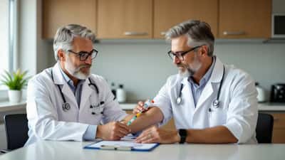 Arzt verabreicht Grippeimpfung an älteren Patienten in Hausarztpraxis Herbst 2026