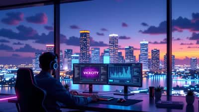 GTA 6 Vice City stadsgezicht bij schemering met gamer en expertinterface, 2026