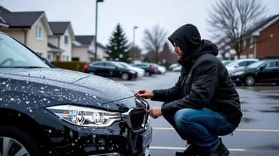 Mann untersucht Hagelschäden an seinem Auto auf einem Parkplatz nach einem Gewitter