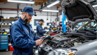 Automonteur controleert brandstofinstallatie na tanken in Duitsland