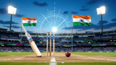 Cricket stadium at dusk with England and India flags and a bat and ball in the foreground