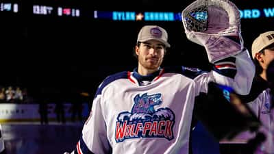 Dylan Garand in New York Rangers goaltender equipment on the ice