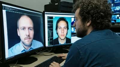 IT-specialist analyseert AI-gegenereerde beelden en deepfake-detectiesoftware op computerscherm