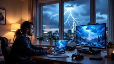 Person unplugging consumer electronics from surge protector power bar during severe weather warning power outage in Canada