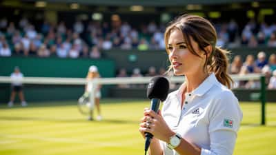 Annabel Croft broadcasting tennis commentary at Wimbledon 2026