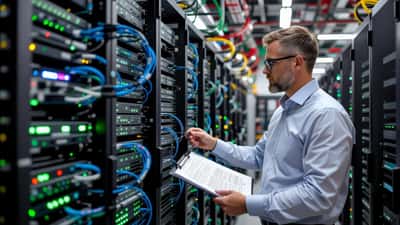IT-konsult undersöker GPU-servrar i ett modernt datacenter i Stockholm