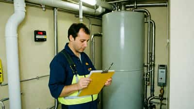 Heiztechniker prüft Ölheizungsanlage im Keller eines österreichischen Wohnhauses