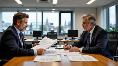 Employment solicitor and worker reviewing settlement agreement documents in a London office