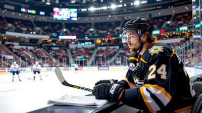 Jääkiekkoilija Ilves-pelipaidassa tutkii pelaajasopimusta jääkiekkoareenalla Tampereessa