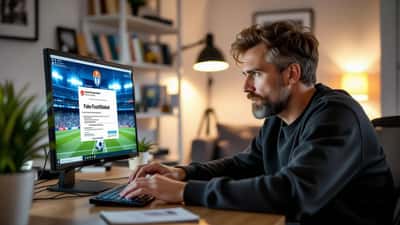 Man bekijkt alarmerend een nep-ticketsite voor Galatasaray op zijn laptop met creditcard op tafel
