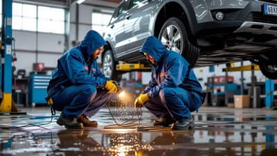 Kfz-Mechaniker prüft Auto-Unterboden nach Starkregen auf Hebebühne in österreichischer Werkstatt