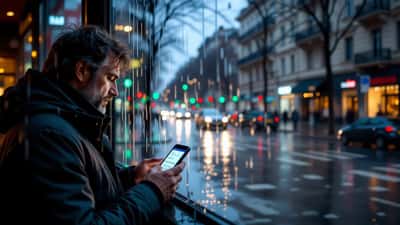 Uomo preoccupato guarda un SMS sospetto sullo smartphone durante un temporale a Ferrara