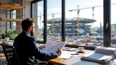 Avvocato esamina contratti di appalto e planimetrie architettoniche presso un cantiere vicino a uno stadio a Milano
