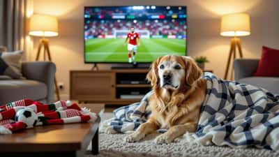 A golden retriever hiding anxiously under a blanket during World Cup 2026 celebrations in a Canadian home