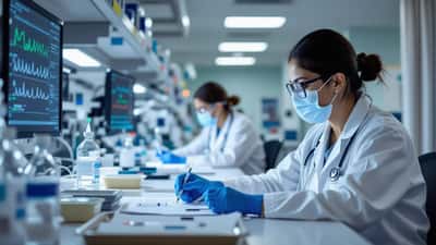 NHS infectious disease consultant reviewing pandemic infection rate data at a clinical workstation in a London hospital