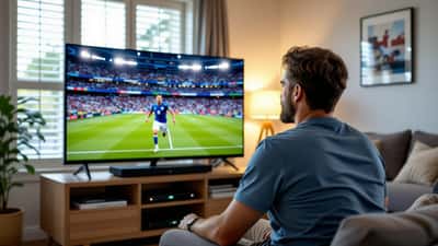 Australian man adjusting smart TV streaming WC2026 football in suburban living room