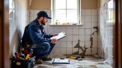 Hantverkare inspekterar badrumsrenovering i svenskt hem 2026