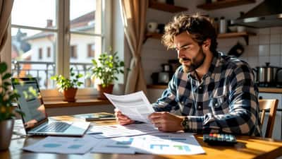 Homem revê documentos fiscais e notas de euro para planear finanças após prémio de reality show em Lisboa