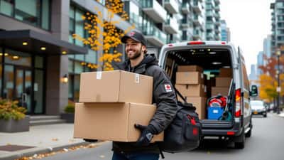 Young man in a hockey jacket carrying moving boxes out of a Toronto apartment building
