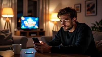 Mann spielt nachts allein am Smartphone in einem Online-Casino