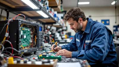 Técnico em eletrônicos examinando placa queimada após surto elétrico de tempestade