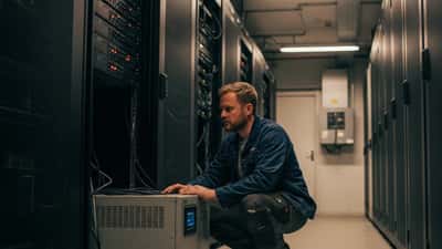 IT-tekniker kontrollerar UPS-utrustning i serverrum efter strömavbrott i Sverige