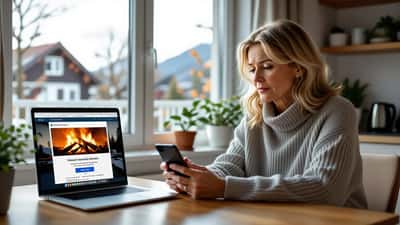 Bekymret kvinne sjekker en innsamlingsside på mobilen etter storbrannen