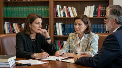 Donna italiana consulta un avvocato in uno studio legale con braccialetto elettronico e documenti del divieto di avvicinamento sul tavolo