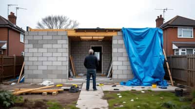 Unfinished rear extension on a British semi-detached house with exposed breeze-block walls and tarpaulin, contractor abandoned mid-build