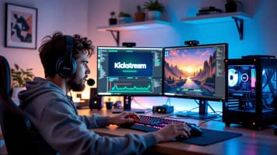Giovane streamer italiano al suo setup da gaming con microfono e doppio schermo