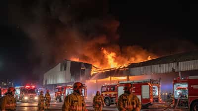 Bombeiros combatendo grande incêndio em galpão comercial durante a madrugada