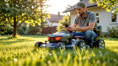 Svensk husägare undersöker en stoppad robotgräsklippare i trädgården
