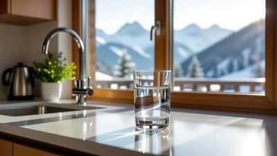 Verre d'eau fraîche sur un plan de travail moderne en Suisse, lumière naturelle et paysage alpin en arrière-plan