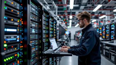 Ingénieur IT dans un couloir de data center suisse, examinant des serveurs avec un laptop et une checklist de conformité