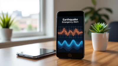 Smartphone displaying an earthquake emergency alert on a desk with seismic wave graphics