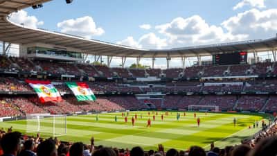 Estádio de futebol com bandeiras portuguesas e elementos de negócios, representando as lições dos 16 avos de final do Mundial 2026