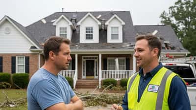 American homeowner talking to contractor with clipboard after storm damage to suburban house roof in Georgia