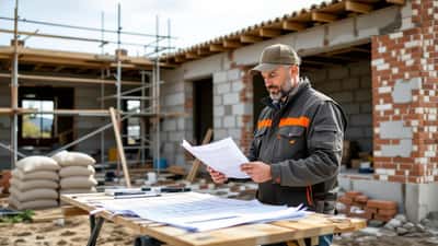 Dono de obra e empreiteiro a analisar um contrato de construção numa casa em remodelação em Portugal