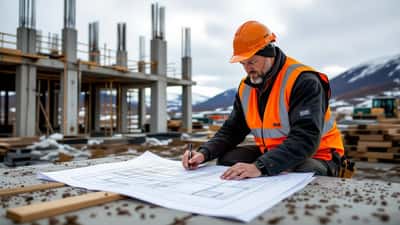 Byggmester gjennomgår arkitekttegninger på byggeplassen til den nye Tromsøhallen i Tromsø 2026