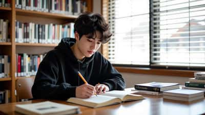 American student reading a Japanese mystery novel and writing study notes at a school library desk, afternoon light